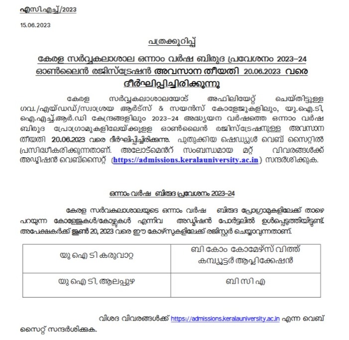 Kerala University UG Trial Allotment